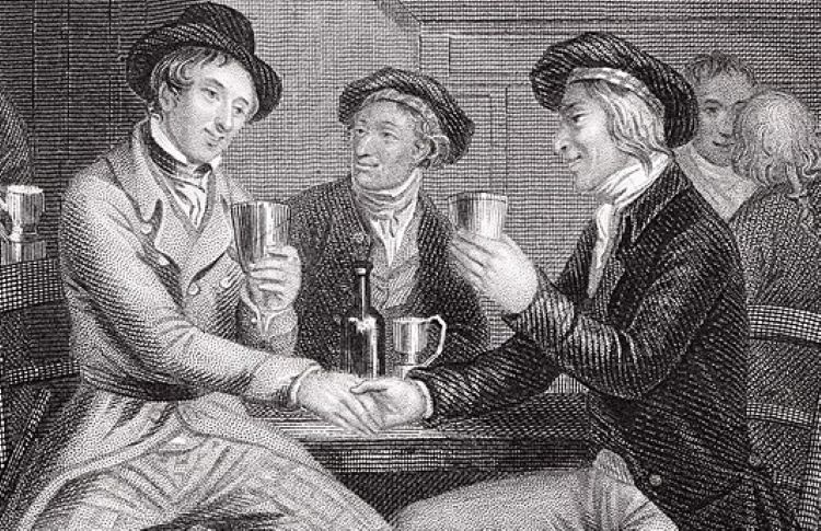 Engraving from a 19th century book illustration of Auld Lang Syne of men amicably shaking hands