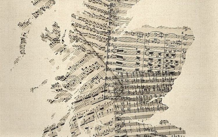 map of Scotland using a collage of old sheet music