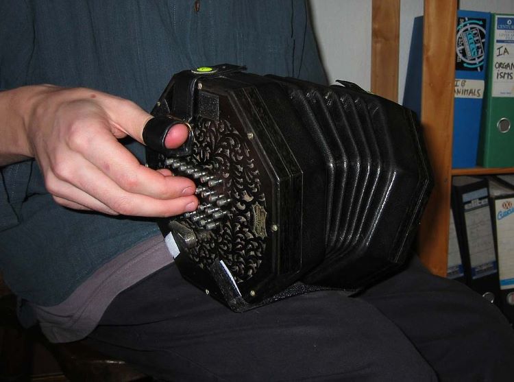 Close up image of a concertina in the hands of an informal player