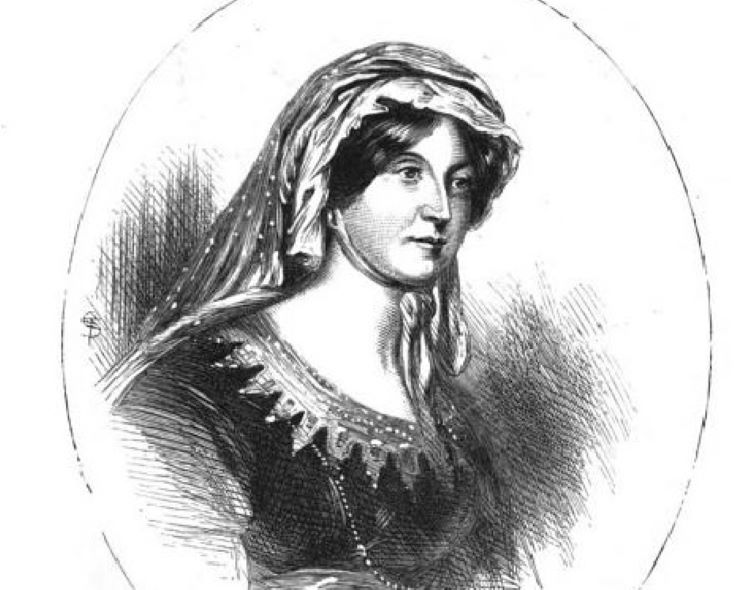 Black and white engraving from a 19th century biography of Lady Nairne as a young woman, her head covered by a veil, lace around her neck, and placed within an oval frame