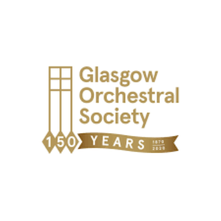 Glasgow Orchestral Soceity 150 Years logo in gold, with Rennie Mackintosh logo showing notes
