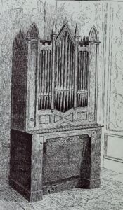 Line engraving of an 18th century small pipe organ