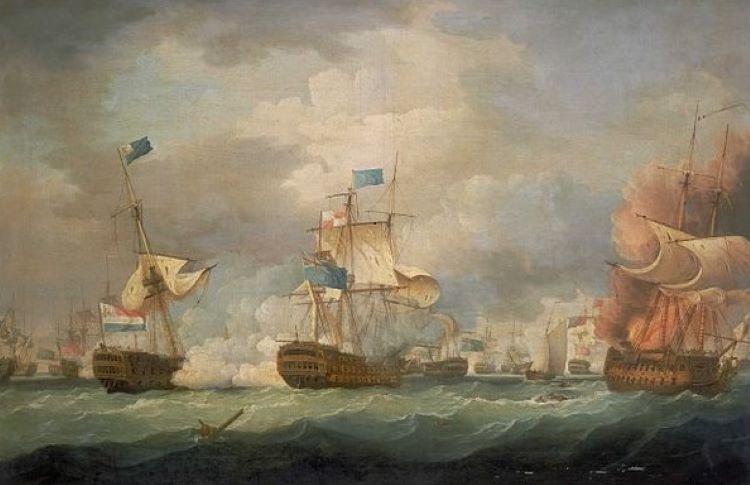 a battle at sea, 18th century painting, with sailing boats firing canon