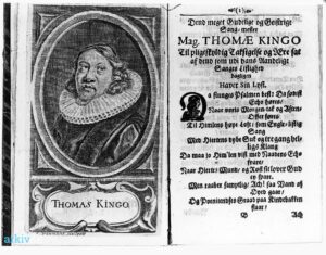 17th century book, one one side an engraving of Thomas Kingo in 17th century black minister's dress, with a white ruff around his neck; on the other, the first page of printed text, showing a translation of a psalm