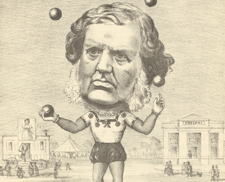 19th century theatre bill showing a man in tights, juggling, with the Glasgow Adelphi theatre in the background