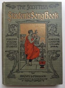 Cover showing student wearing a red (Scottish) academic gown like a Greek cloak, playing a lyre of Orpheus