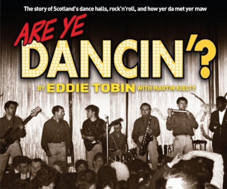 Book cover title Are Ye Dancin'? showing a 6 piece band lineup with guitars and drums in a dance hall