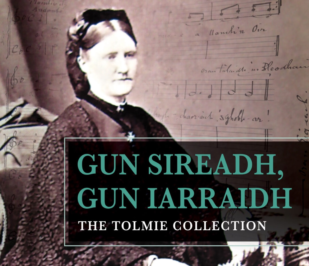 Book cover page with title of Gun Sireadh Gun Iarraidh and a photo of Frances Tolmie