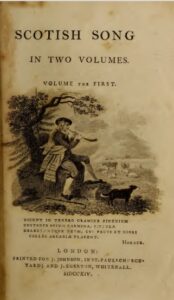 Title page of a book showing a man in a kilt and bonnet under a tree playing a stock and horn
