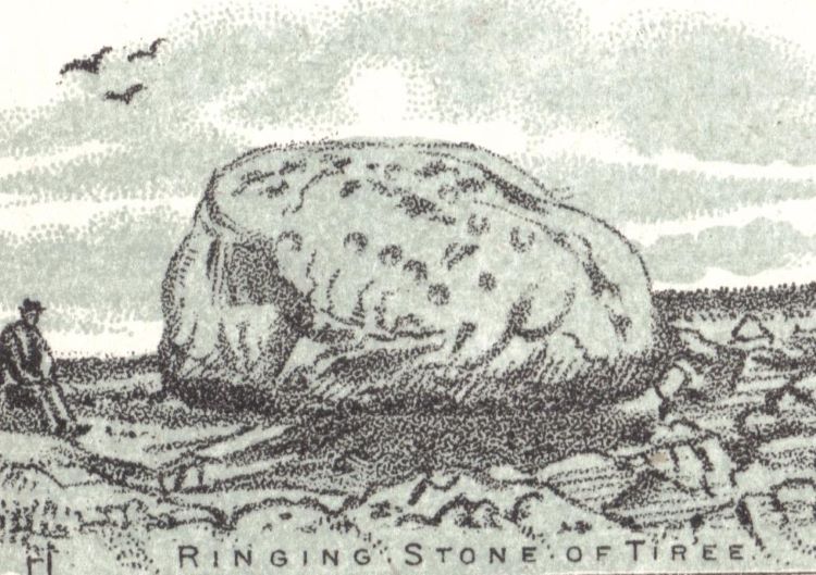 an engraving of a large boulder marked with cup marks on a sea shore