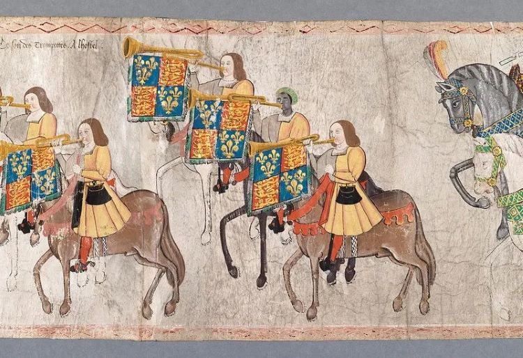 A tapestry with horses and heralds playing trumpets. One is black.