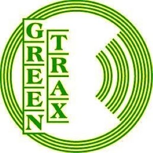 Greentrax logo - words and abstract of a vinyl disc in green